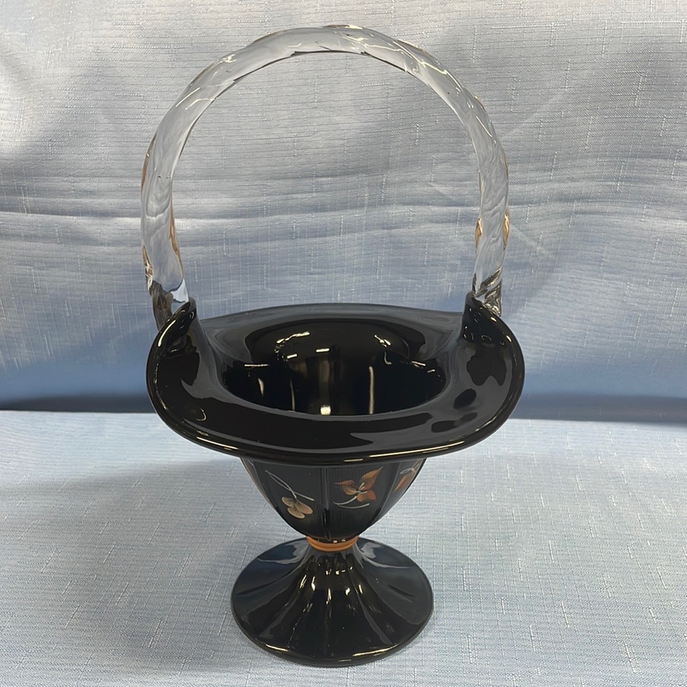 Fenton Hand painted Pedestal Basket Black Milk Glass
